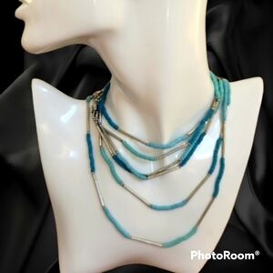 RIACHUELO Western Acrylic Turquoise Beaded Layered Torsade Necklace